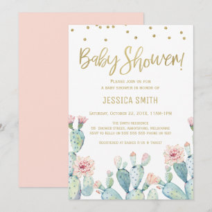 Cactus Gold Calligraphy Baby shower Invitation Kaart