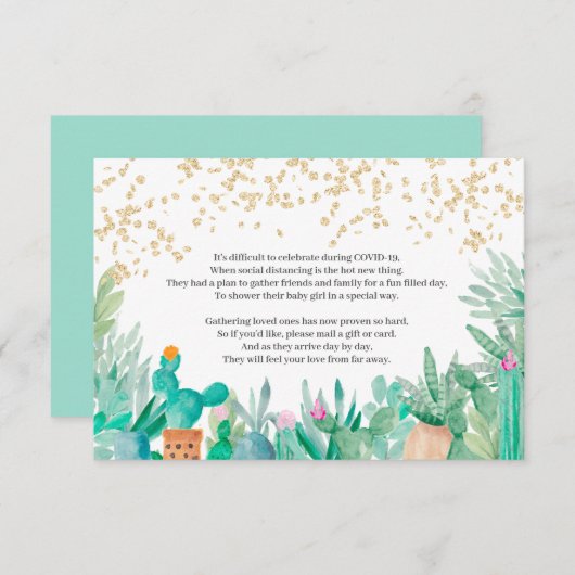 Cactus gold glitter waterverf baby shower insert kaart (Voorkant / Achterkant)