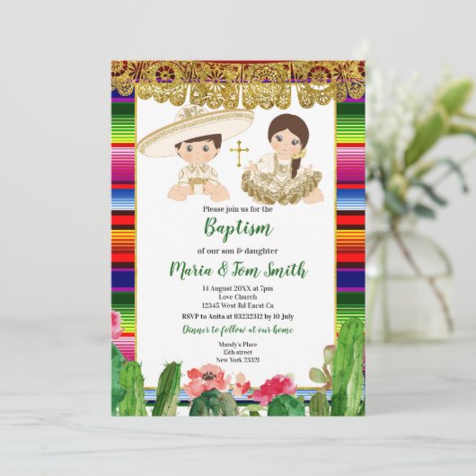 Cactus goud Doop Fiesta Twin Uitnodiging (Staand voorkant)