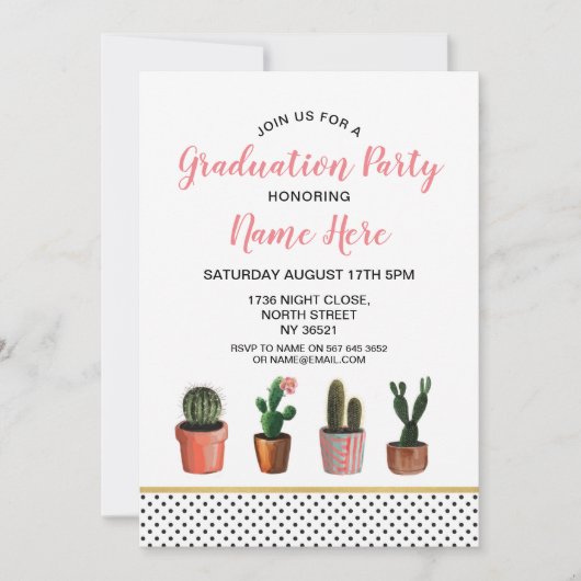 Cactus Graduation Party Gold Cactus  Invite Kaart (Voorkant)