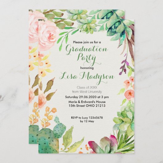 Cactus Graduation Party Invitation Southwestern Kaart (Voorkant / Achterkant)