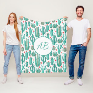 Cactus green white whimsical patroonmonogram fleece deken