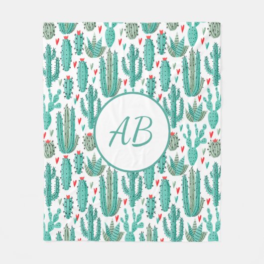 Cactus green white whimsical patroonmonogram fleece deken (Voorkant)