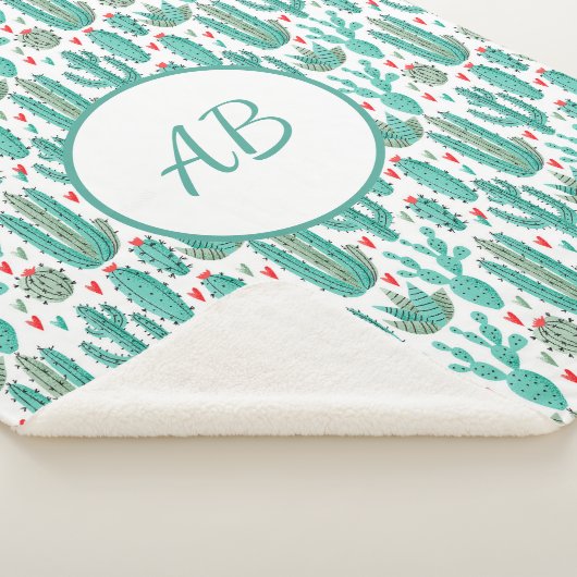 Cactus green white whimsical patroonmonogram sherpa deken (3/4)