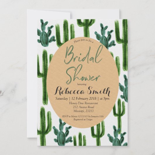 Cactus Greenery Bridal Shower Invitation Green Kaart (Voorkant)