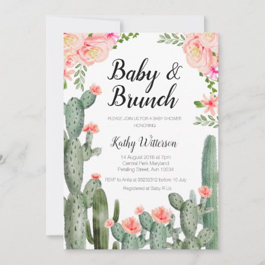 Cactus groen baby brunch douche uitnodiging (Voorkant)