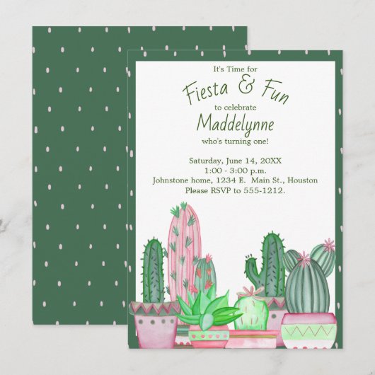 Cactus Groen en Roze Verjaardag Kaart (Voorkant / Achterkant)