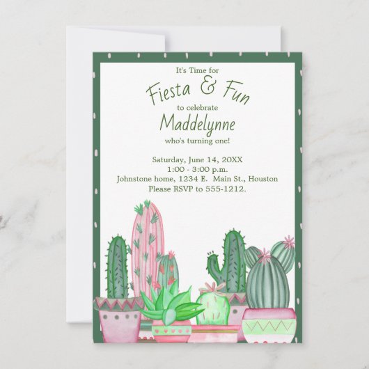 Cactus Groen en Roze Verjaardag Kaart (Voorkant)