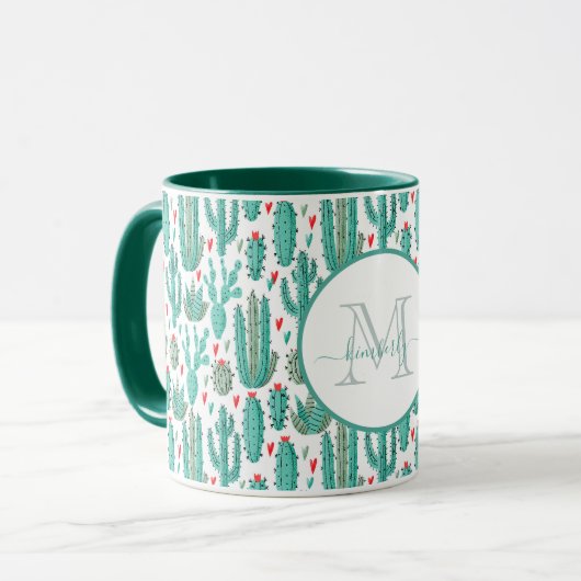 Cactus groen wit grillig monogrammed mok (Voorkant links)