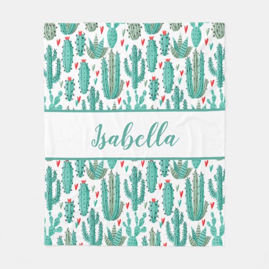 Cactus groen wit patroonmonogram fleece deken (Voorkant)