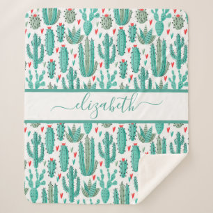 Cactus groen wit patroonmonogram sherpa deken