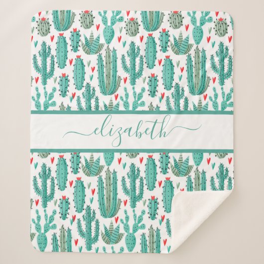 Cactus groen wit patroonmonogram sherpa deken (Voorkant)