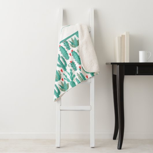 Cactus groen wit patroonmonogram sherpa deken (In situ)