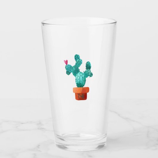 Cactus Hart Paar Initialen Bruiloft Groen Roze Glas (Voorkant)