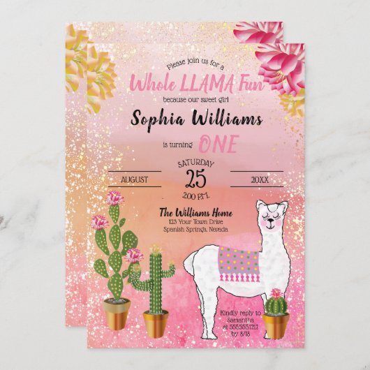 Cactus | Het gehele meisje van Llama 1e verjaardag Kaart (Voorkant / Achterkant)