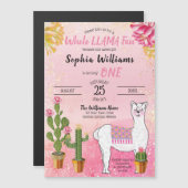 Cactus | Het gehele meisje van Llama 1e verjaardag Magnetische Uitnodiging (Voorkant / Achterkant)