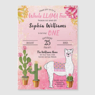 Cactus   Het gehele meisje van Llama 1e verjaardag Magnetische Uitnodiging
