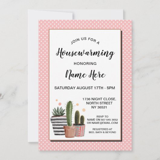 Cactus Housewarming Party Polka Dots  Invite Kaart (Voorkant)