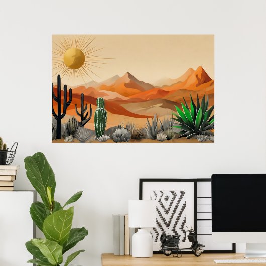 Cactus in het Desert Illustration Poster (Thuiskantoor)