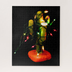 Cactus Kaars In Kerstverlichting Foto Legpuzzel