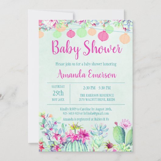 Cactus Lantaarn Fiesta Baby Shower Uitnodigingen (Voorkant)