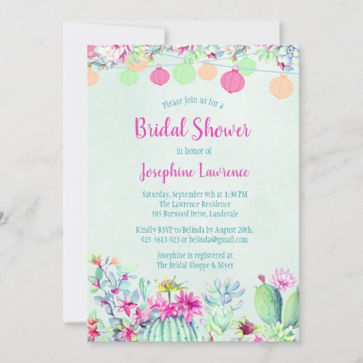 Cactus lantaarn Fiesta bruids douche uitnodigingen (Voorkant)