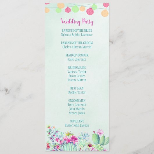 Cactus lantaarn Fiesta Succulenten Huwelijksprogra Programmakaart (Achterkant)