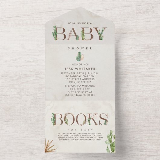 Cactus Lettering Book Request Baby shower All In One Uitnodiging (Binnen)