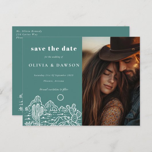 Cactus Line Art Desert Foto Bewaar de datum Briefkaart (Voorkant / Achterkant)