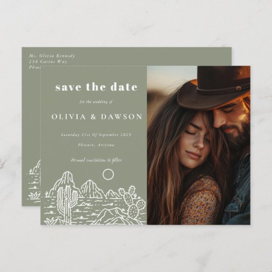 Cactus Line Art Desert Foto Bewaar de datum Briefkaart (Voorkant / Achterkant)