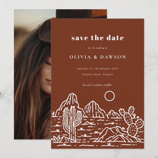 Cactus Line Art Desert Foto Bewaar de datum Kaart (Voorkant / Achterkant)