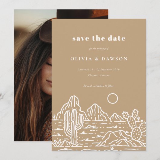 Cactus Line Art Desert Foto Sla de datum Invita Kaart (Voorkant / Achterkant)