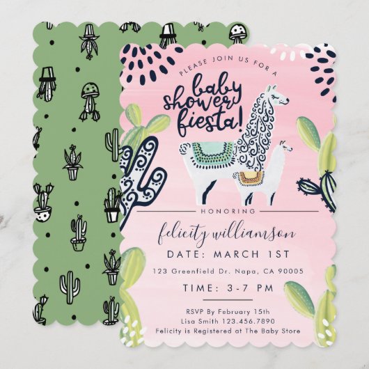 Cactus & Llama Baby Girl Shower Fiesta Invitation Kaart (Voorkant / Achterkant)