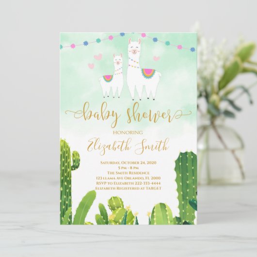 Cactus Llama Baby shower Uitnodiging (Staand voorkant)
