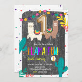 Cactus Llama Fun 1e verjaardag Uitnodiging (Voorkant / Achterkant)