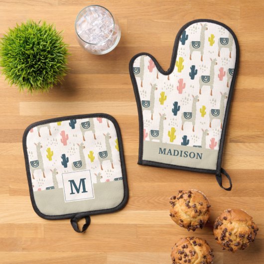 Cactus & Llamas Pattern Ovenwant & Pannenlap Set (Top down)