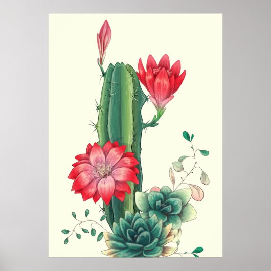 Cactus met bloemen poster (Voorkant)