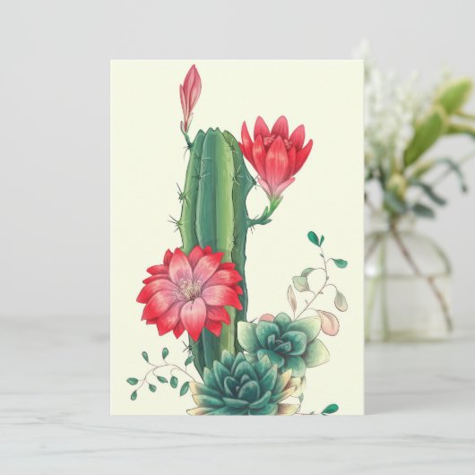 Cactus met bloemen save the date (Staand voorkant)