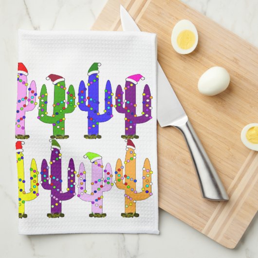 Cactus Met Kerstmannenhoeden Kerstmis Theedoek (Quarter Fold)