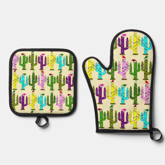 Cactus met kerstmutsen Kerstmis Ovenwant & Pannenlap Set (Voorkant)
