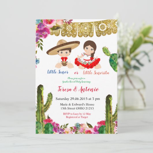 Cactus Mexican Gender Reveal Baby shower Kaart (Staand voorkant)