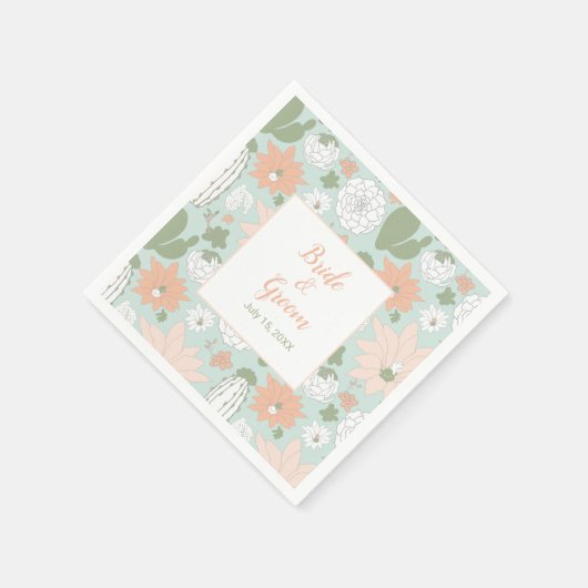 Cactus Mint Peach Floral Pattern Servet (Hoek)