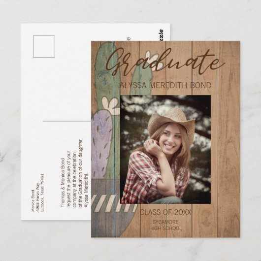 Cactus Modern Rustic Wood Foto Afstuderen Briefkaart (Voorkant / Achterkant)