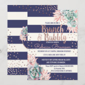 Cactus Navy Stripes Roos Gold Brunch en bubbelbaar Kaart (Voorkant / Achterkant)