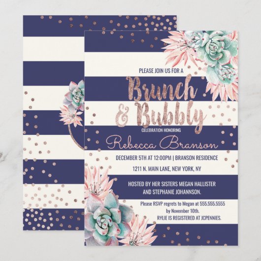 Cactus Navy Stripes Roos Gold Brunch en bubbelbaar Kaart (Voorkant / Achterkant)