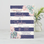 Cactus Navy Stripes Roos Gold Engagement Party Kaart (Staand voorkant)
