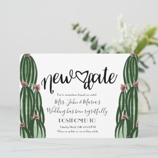 Cactus New Date Postponement Annulering Wedding Kaart (Staand voorkant)