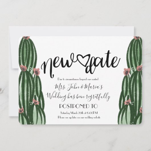 Cactus New Date Postponement Annulering Wedding Kaart (Voorkant)