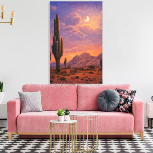 Cactus onder maan bij zonsondergang zuidwestelijke canvas afdruk