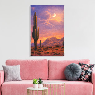 Cactus onder maan bij zonsondergang zuidwestelijke canvas afdruk
